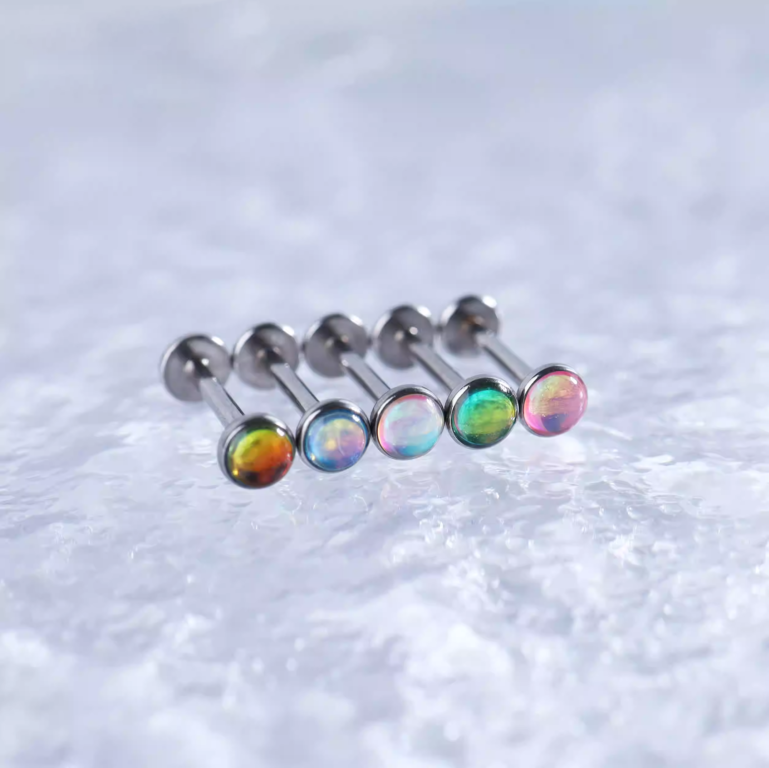 Resin Colorful Oil Slick Internally Threaded Stainless Steel Lip Ring - Resin Colorful Oil Slick Internally Threaded Stainless Steel Lip Ring - Light Blue / 6mm by CRUXJEWELRY