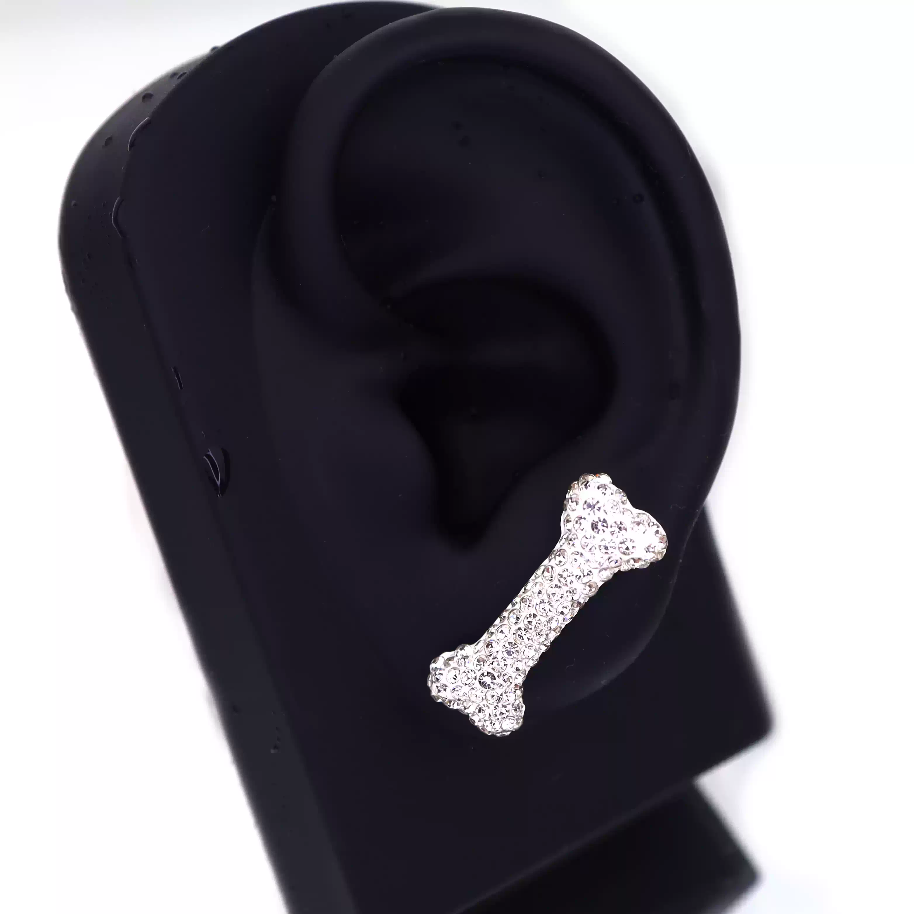 Paws & Purrs - Large Puppy's Bone Full Crystal Stainless Steel Ear Studs - Paws & Purrs - Large Puppy's Bone Full Crystal Stainless Steel Ear Studs - White / 0.8mm/20G by CRUXJEWELRY