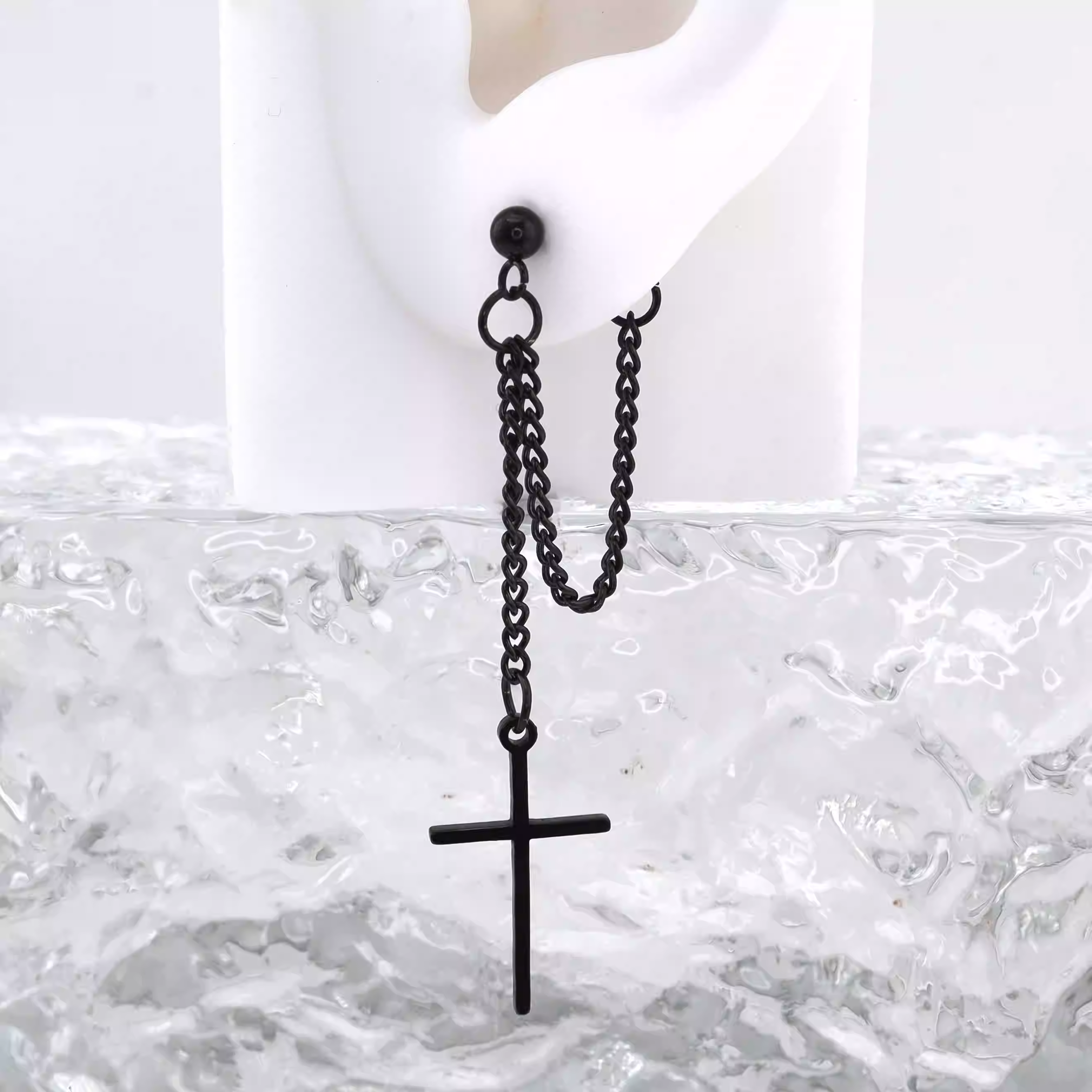 Silver & Black Cross Drop Chain Stainless steel Ear Studs - Silver & Black Cross Drop Chain Stainless steel Ear Studs - Black / Single by CRUXJEWELRY