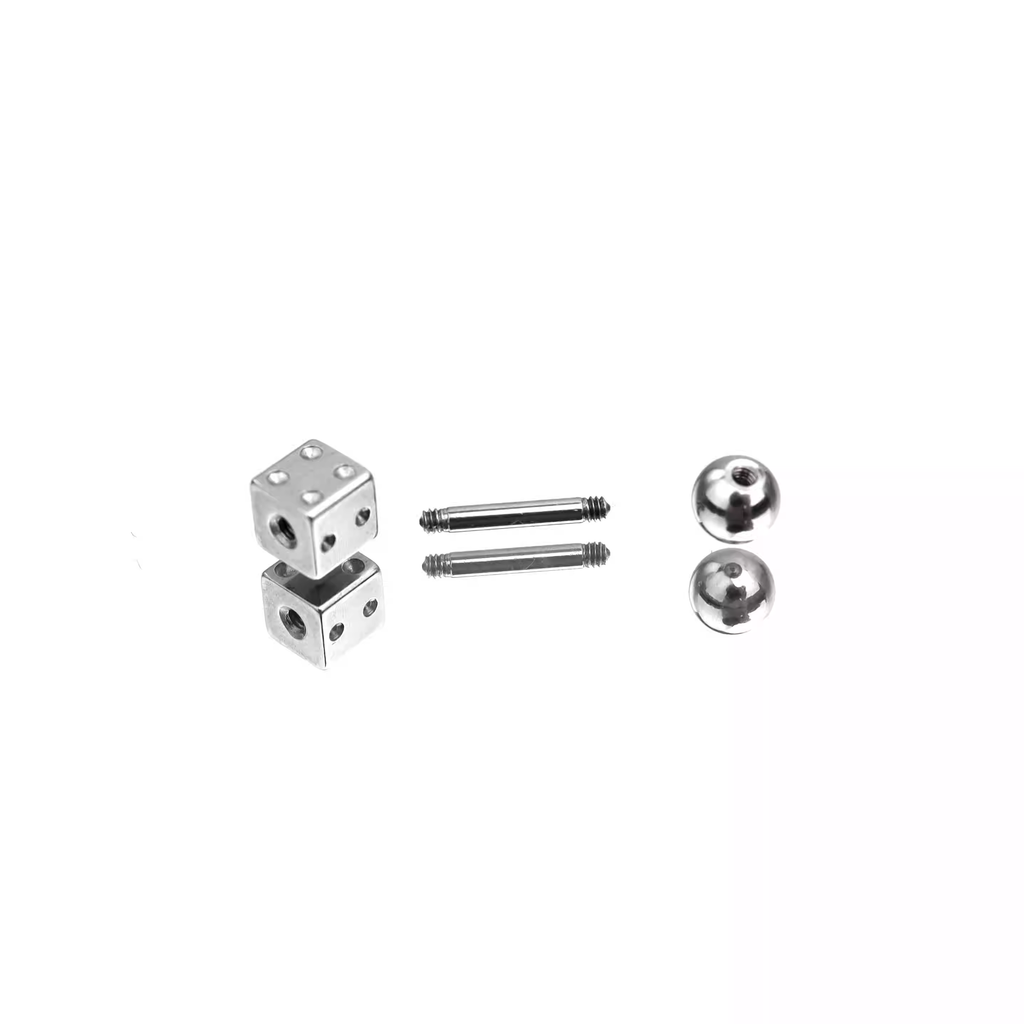 Silver Double-End Dice Externally Threaded Stainless Steel Ear Studs - Ball-End
