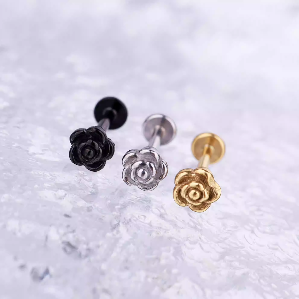 3D Rose Internally Threaded Stainless Steel Lip Ring - 3D Rose Internally Threaded Stainless Steel Lip Ring - Gold / 6mm by CRUXJEWELRY