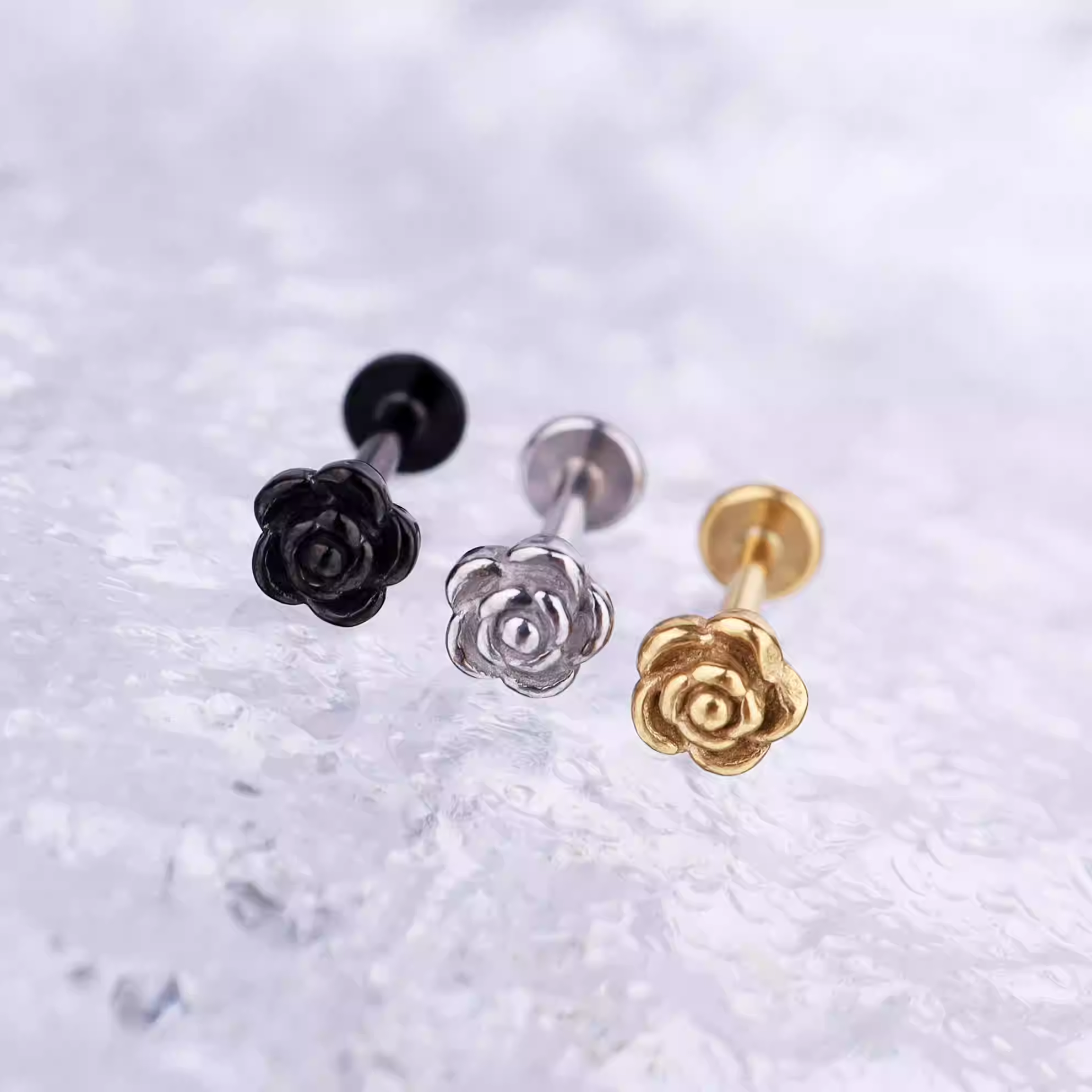 3D Rose Internally Threaded Stainless Steel Lip Ring - 3D Rose Internally Threaded Stainless Steel Lip Ring - Gold / 6mm by CRUXJEWELRY