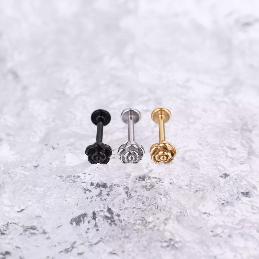 3D Rose Internally Threaded Stainless Steel Lip Ring - 3D Rose Internally Threaded Stainless Steel Lip Ring - Gold / 6mm by CRUXJEWELRY