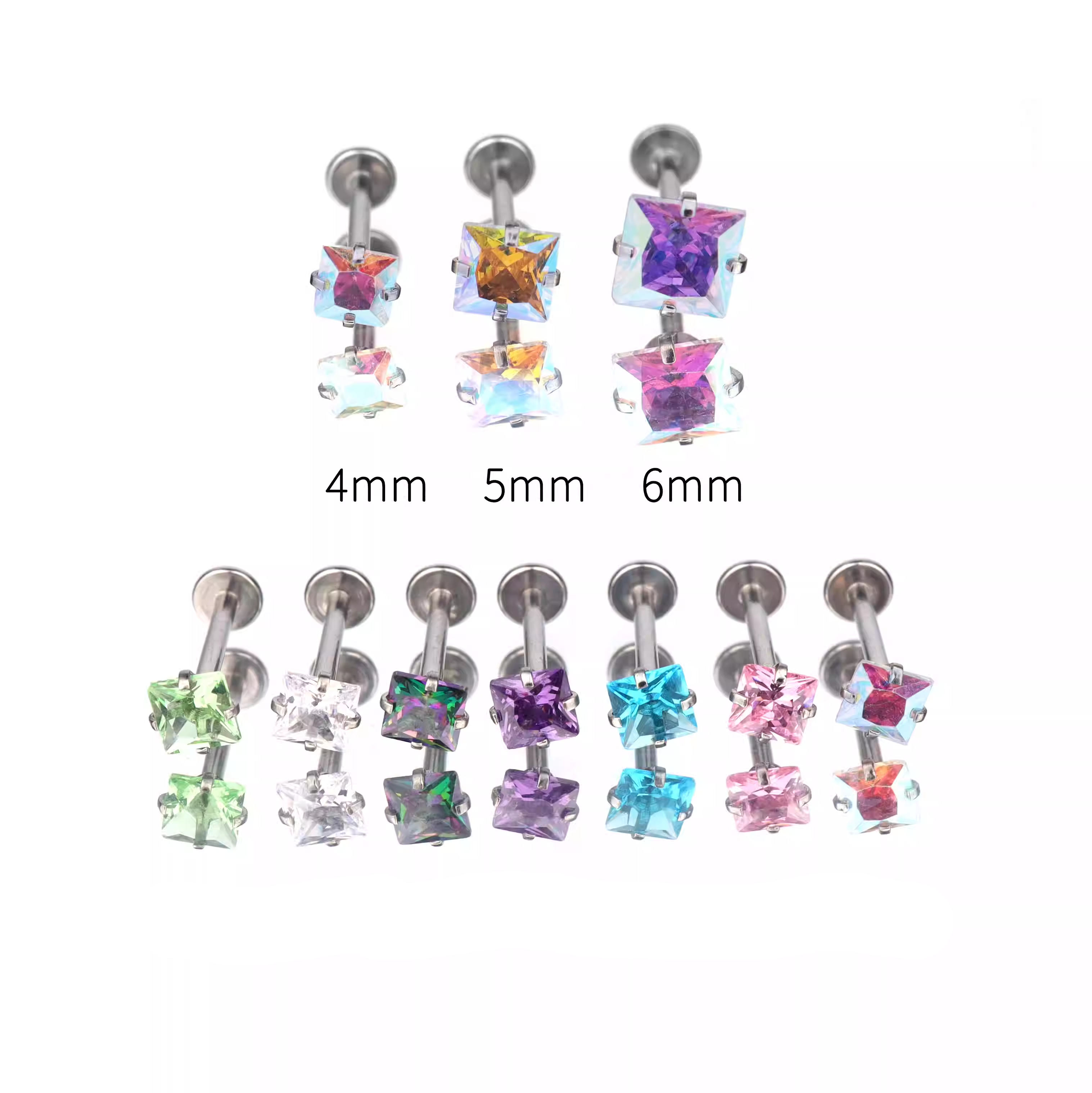 Square CZ Internally Threaded Stainless Steel Flat-Back Ring - Square CZ Internally Threaded Stainless Steel Flat-Back Ring - AB Coating / 4mm / 6mm by CRUXJEWELRY