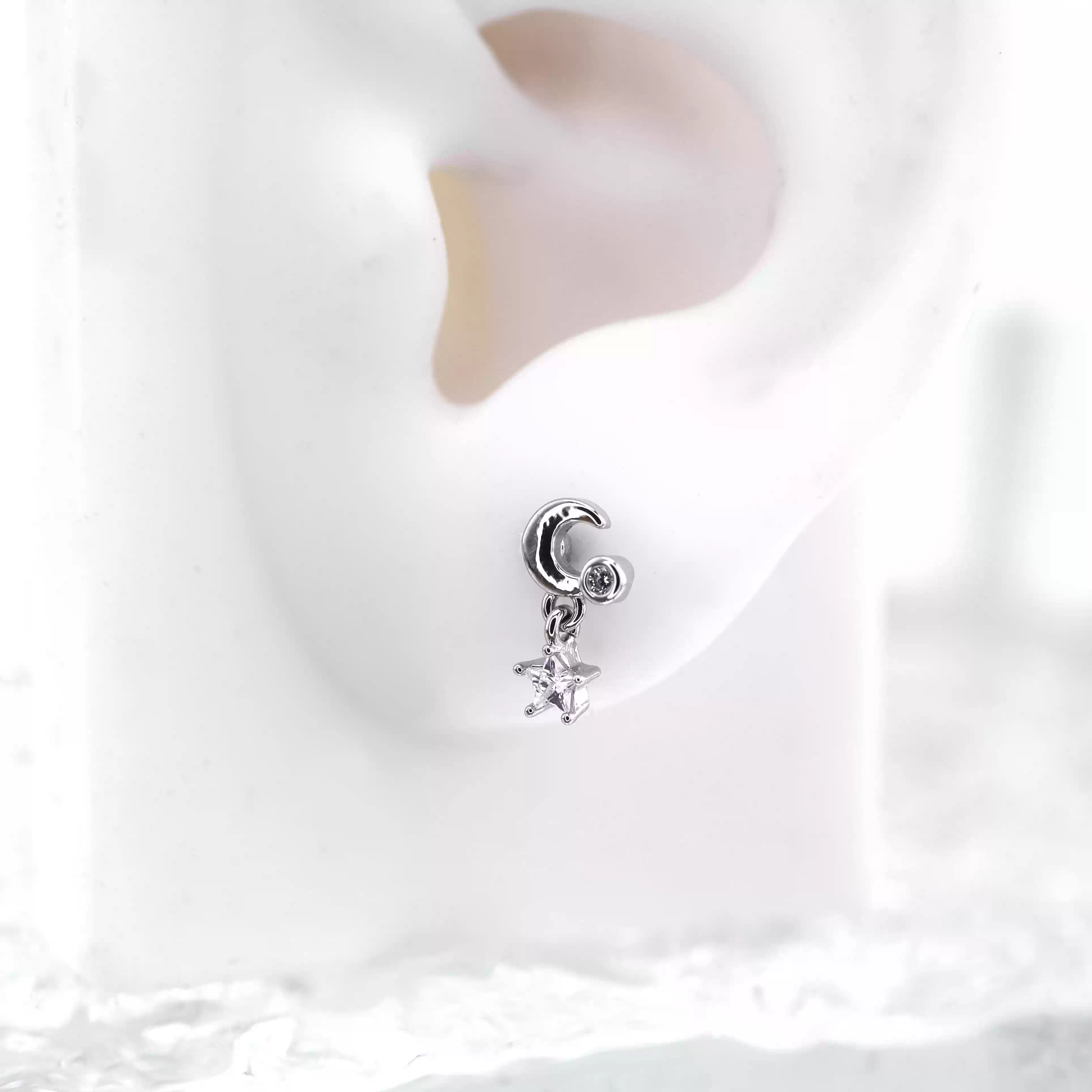 Star & Moon Dangle white-gold-plated copper Ear Studs - Star & Moon Dangle white-gold-plated copper Ear Studs - Single by CRUXJEWELRY