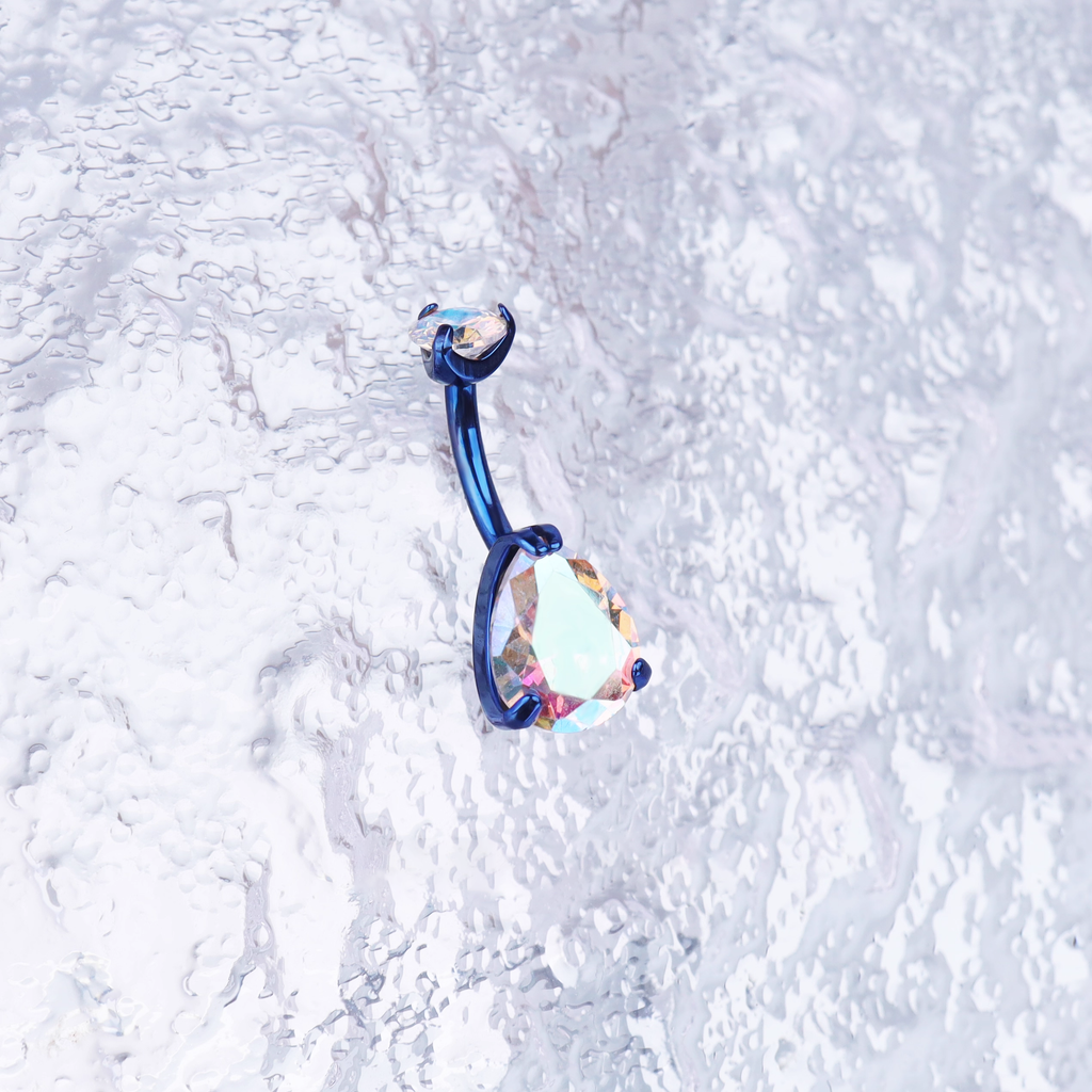 Teardrop CZ Internally Threaded Titanium Belly Ring - Teardrop CZ Internally Threaded Titanium Belly Ring - AB Coating / 6 mm by CRUXJEWELRY