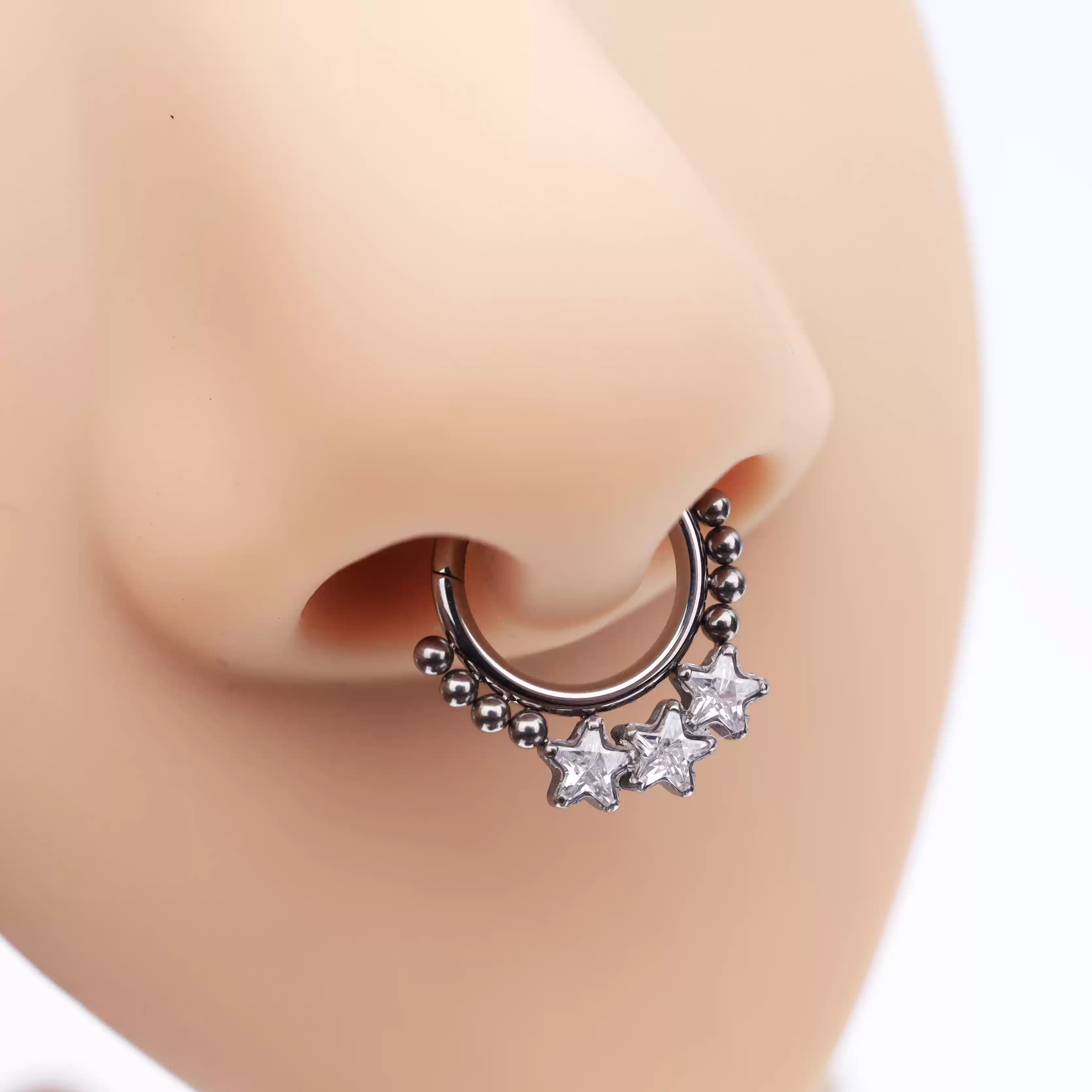 Triple Star CZ Titanium Segment Septum/Ear Hoop - Triple Star CZ Titanium Segment Septum/Ear Hoop - silver-1 by CRUXJEWELRY