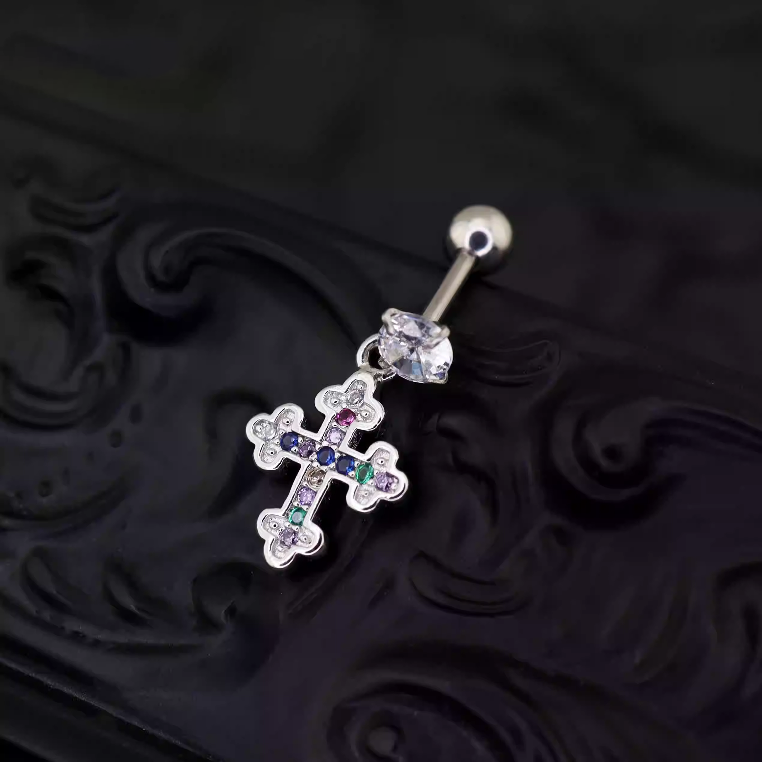 Vintage Cross Pendant Rainbow CZ Stainless steel Ear Studs - Vintage Cross Pendant Rainbow CZ Stainless steel Ear Studs - Single by CRUXJEWELRY
