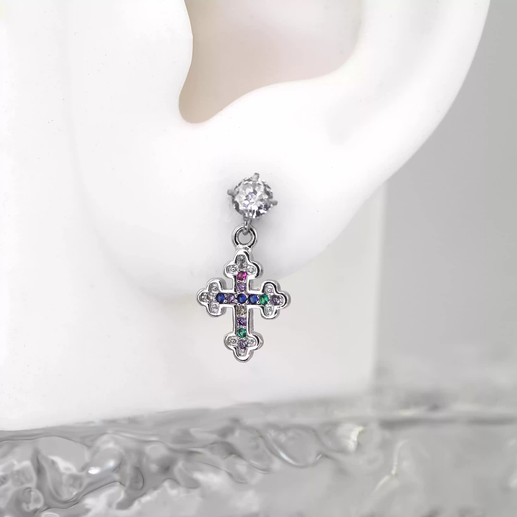 Vintage Cross Pendant Rainbow CZ Stainless steel Ear Studs - Vintage Cross Pendant Rainbow CZ Stainless steel Ear Studs - Single by CRUXJEWELRY