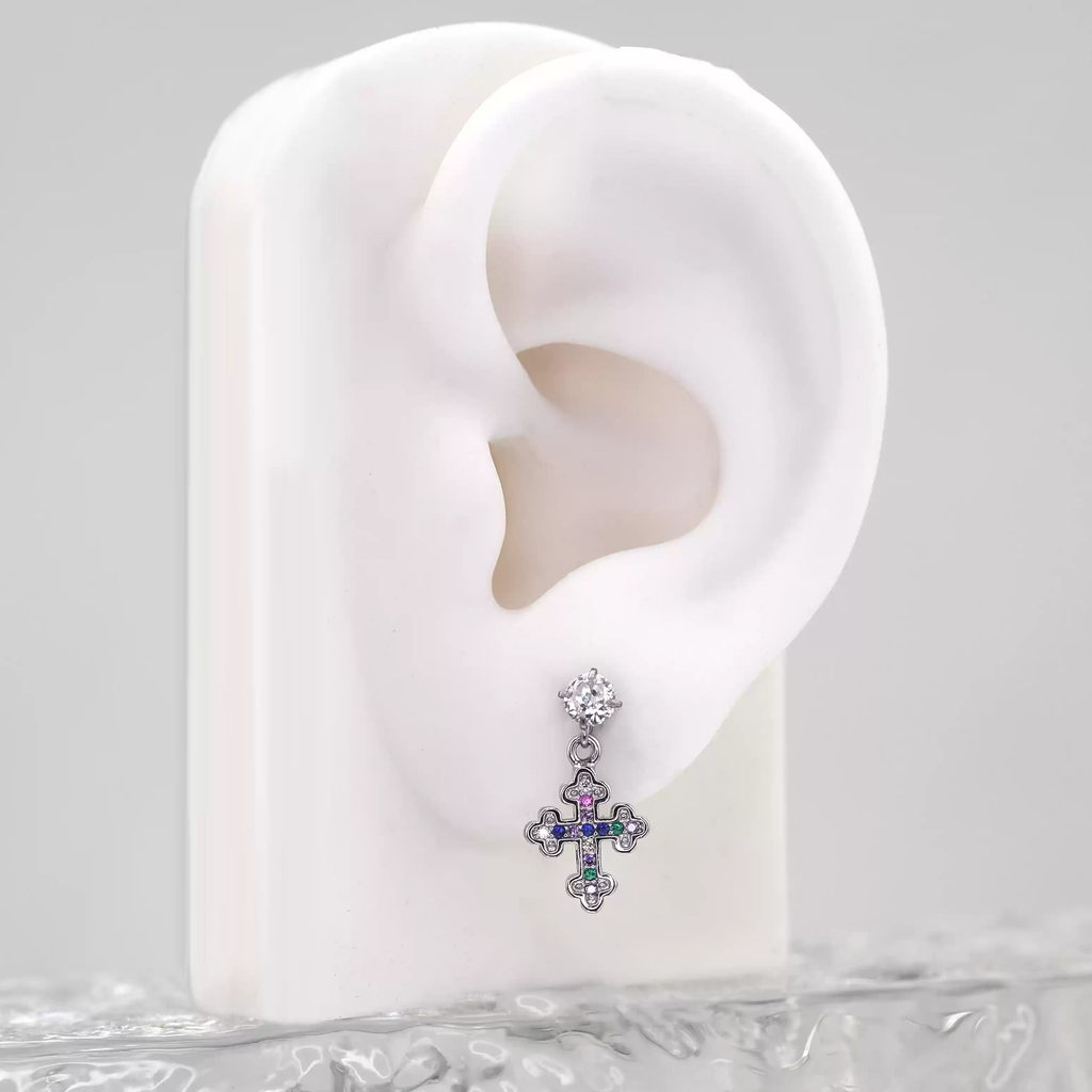 Vintage Cross Pendant Rainbow CZ Stainless steel Ear Studs - Vintage Cross Pendant Rainbow CZ Stainless steel Ear Studs - Single by CRUXJEWELRY