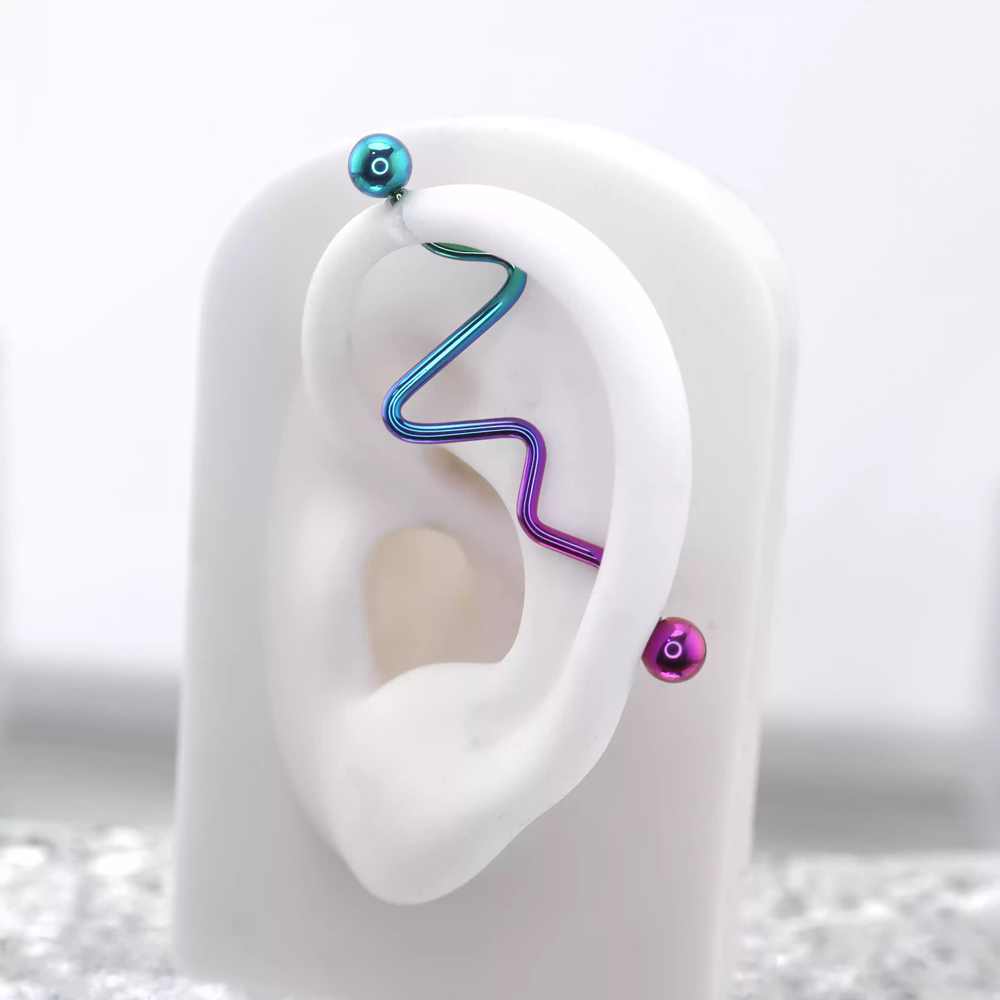 Wave-Shaped ECG Pattern Titanium Industrial Barbell - Wave-Shaped ECG Pattern Titanium Industrial Barbell - Purple-Blue Gradient by CRUXJEWELRY