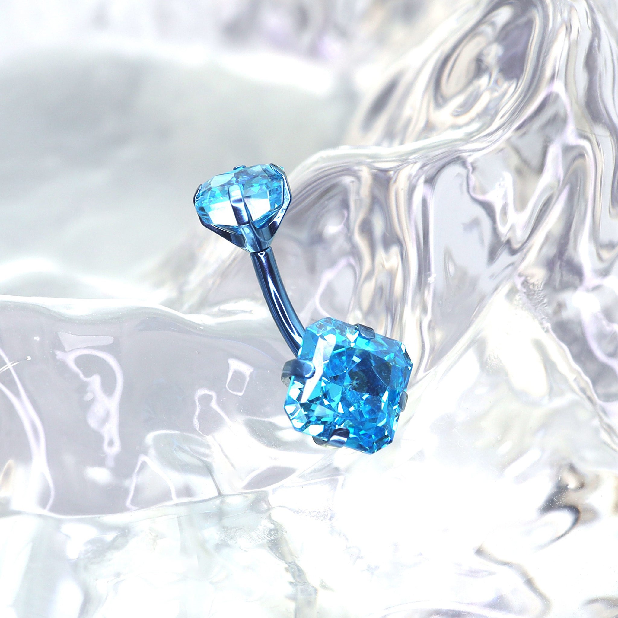 High-Shine Square CZ Titanium Navel Ring - High-Shine Square CZ Titanium Navel Ring - Ocean Blue by CRUXJEWELRY