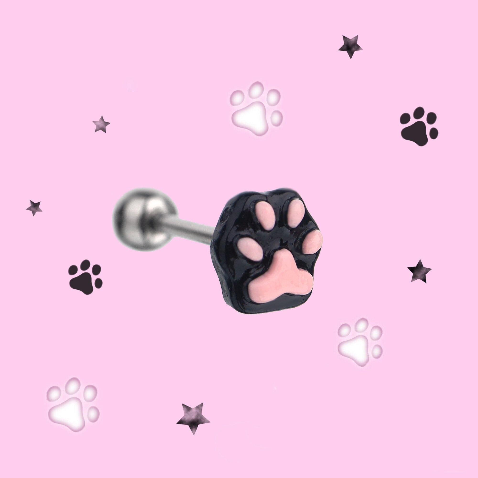 Resin Pink & Black Paw Print tongue stud - Resin Pink & Black Paw Print tongue stud - black-pink-1 / 12 mm / 1.2mm/16G by CRUXJEWELRY