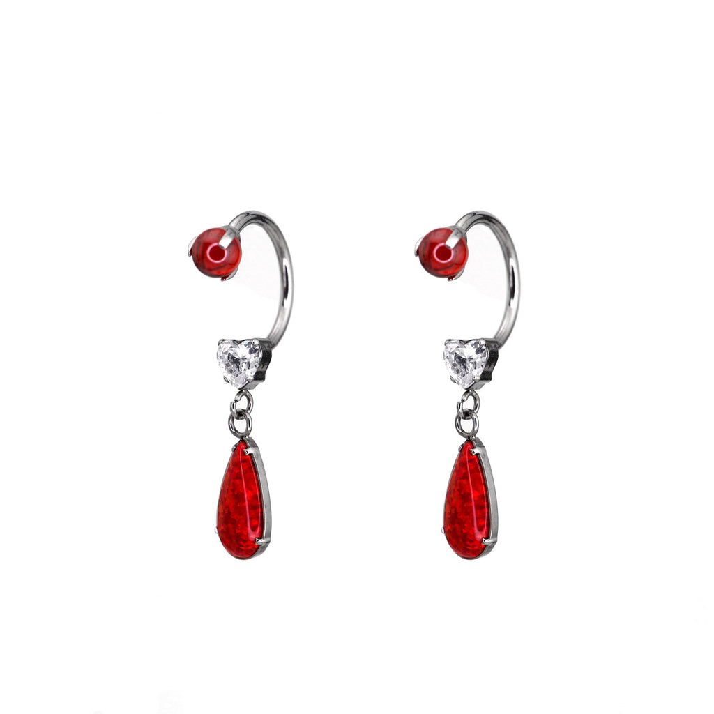 Pair of Heart Opal CZ Titanium Horseshoe Ring - Pair of Heart Opal CZ Titanium Horseshoe Ring - Red / 8mm by CRUXJEWELRY