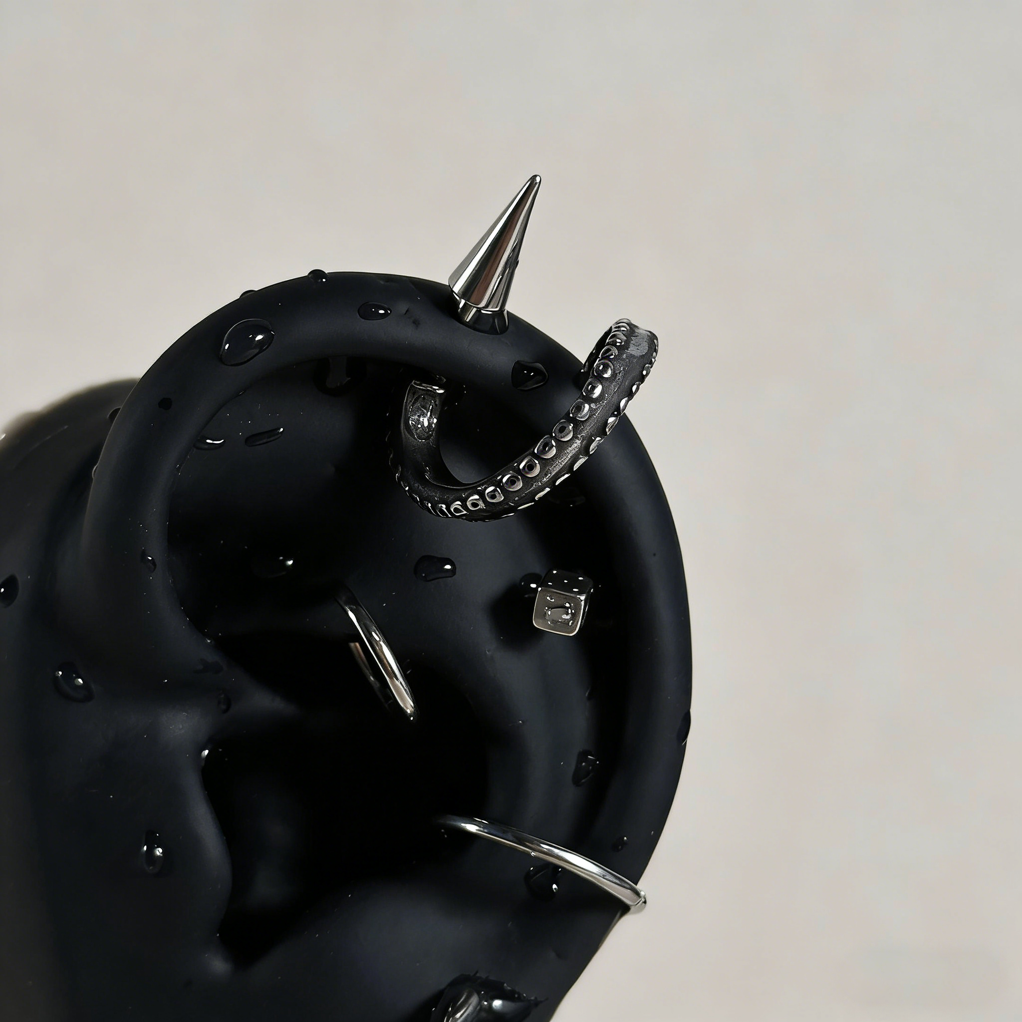 Cyberpunk Spiked Tentacle & Dice Ear Stack Silver Earring Set