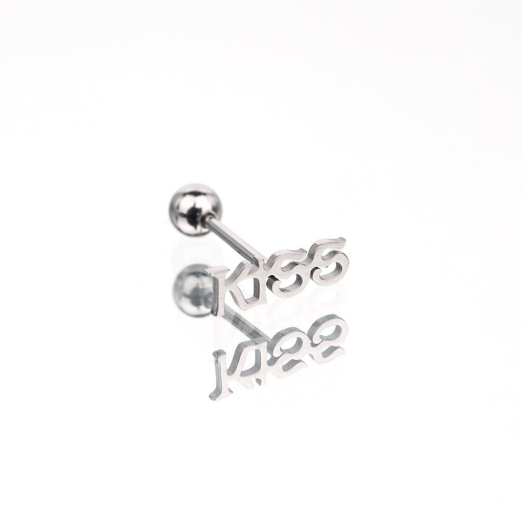 "KISS" Text Stainless Steel Tongue Stud - "KISS" Text Stainless Steel Tongue Stud - 1.2mm/16G / 12mm by CRUXJEWELRY