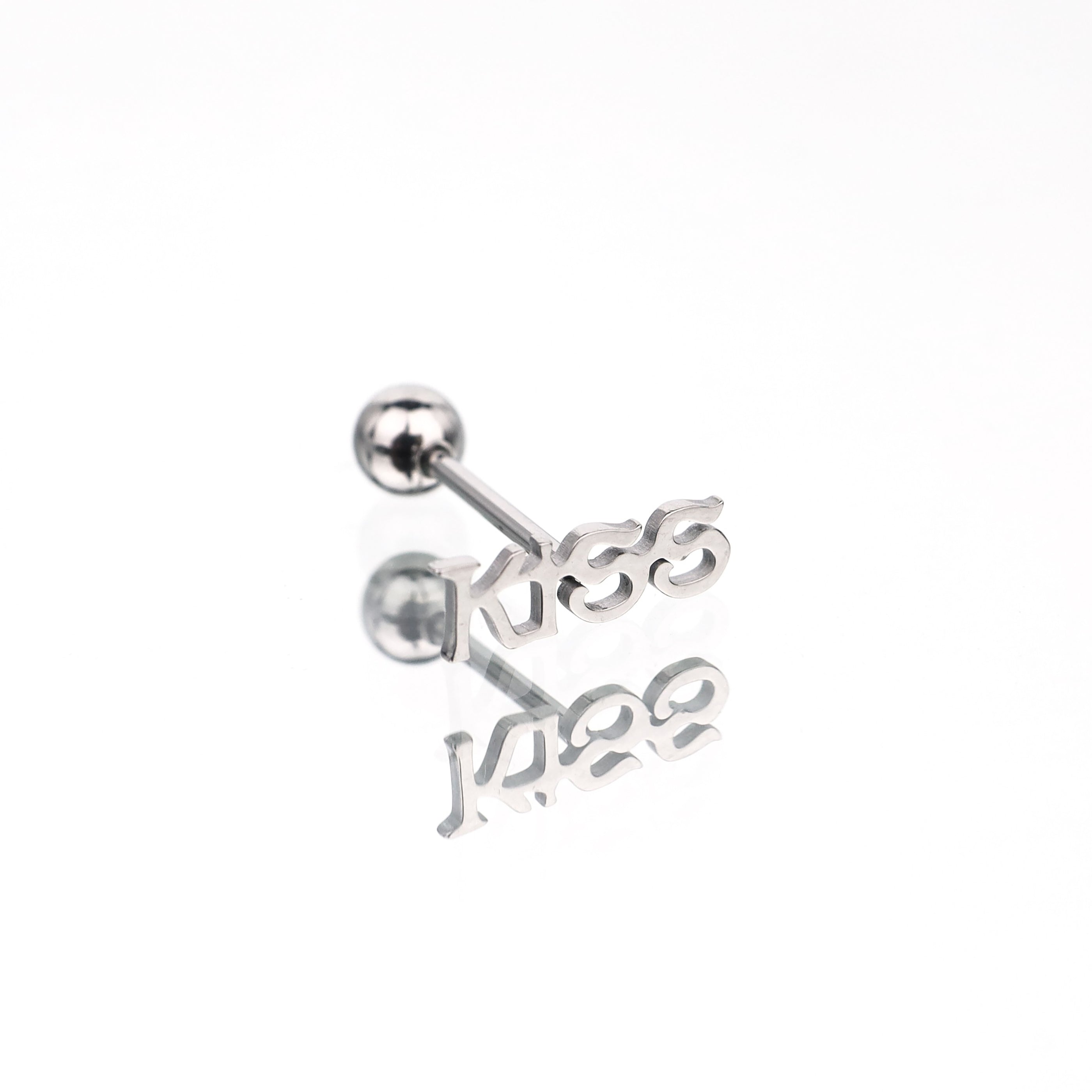 "KISS" Text Stainless Steel Tongue Stud - "KISS" Text Stainless Steel Tongue Stud - 1.2mm/16G / 12mm by CRUXJEWELRY