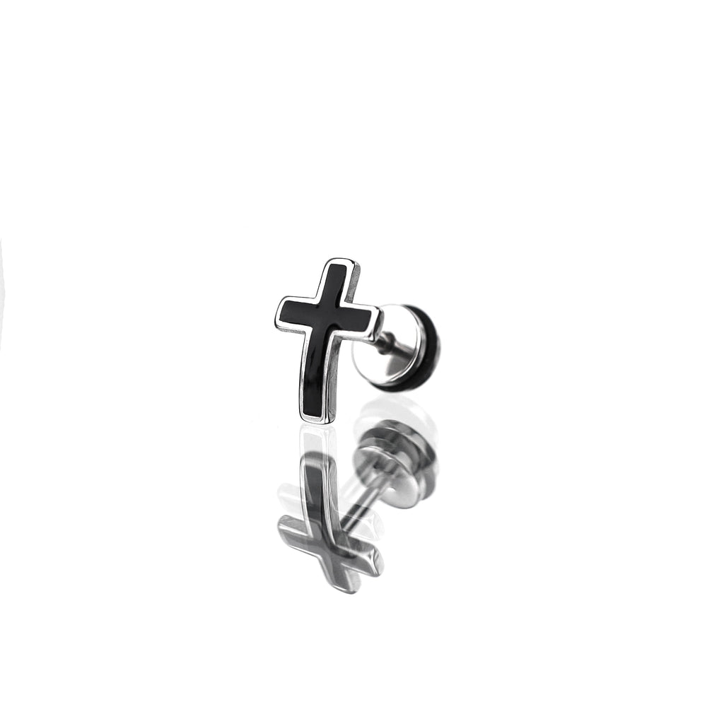 Curved Drip Cross Stainless Steel Ear Stud - Curved Drip Cross Stainless Steel Ear Stud - Single by CRUXJEWELRY