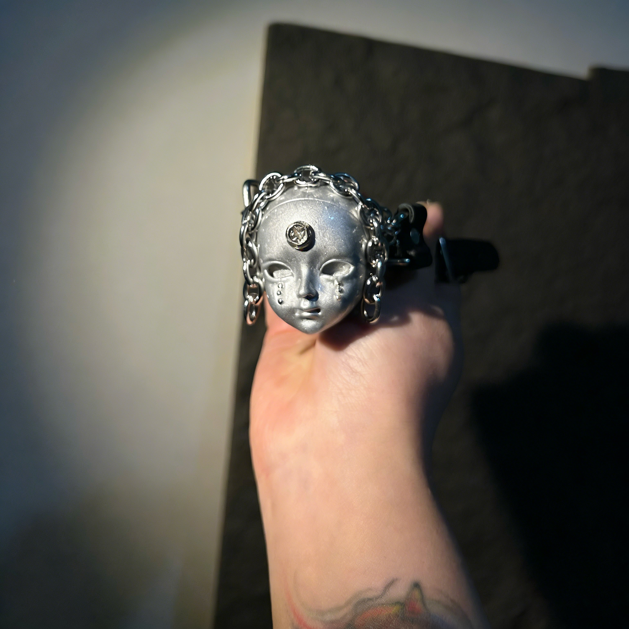 Silver Metallic "Third Eye" Crying Doll Face Choker - Black Leather & Gothic Cross Studs