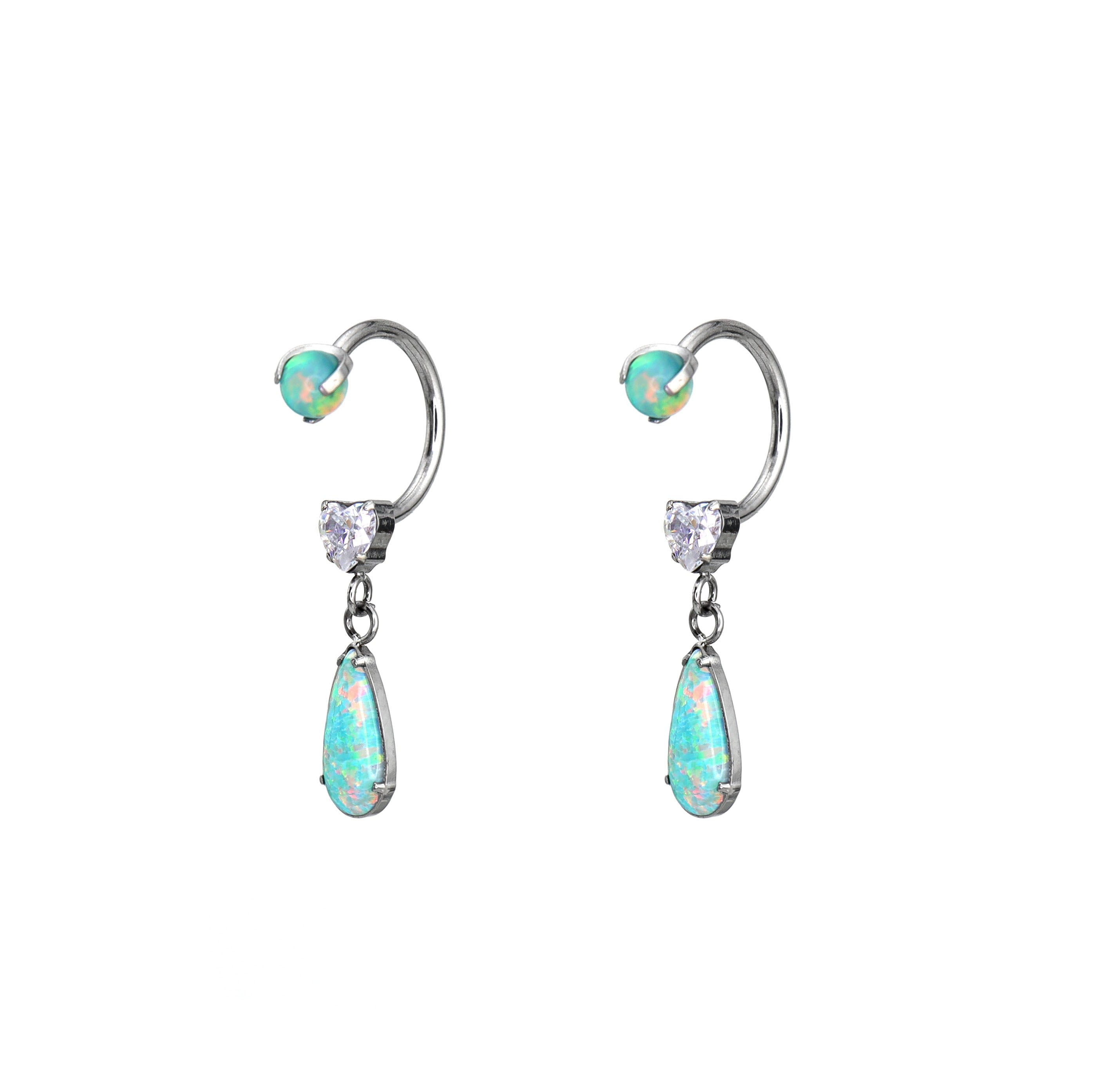 Pair of Heart Opal CZ Titanium Horseshoe Ring - Pair of Heart Opal CZ Titanium Horseshoe Ring - Blue-Green Gradient / 8mm by CRUXJEWELRY