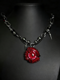thulhu Eye" Red Tentacle Pendant Necklace - Black Beads & Silver Spikes