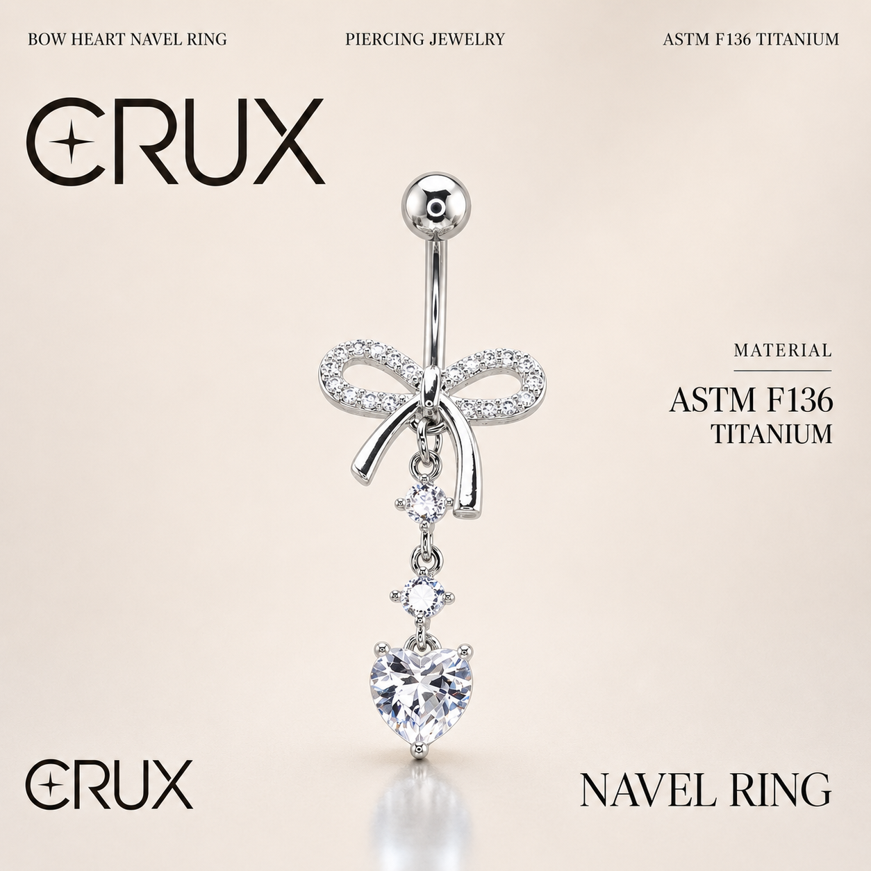 Anneau de nombril pendant en forme de cœur avec nœud papillon et zircon cubique 