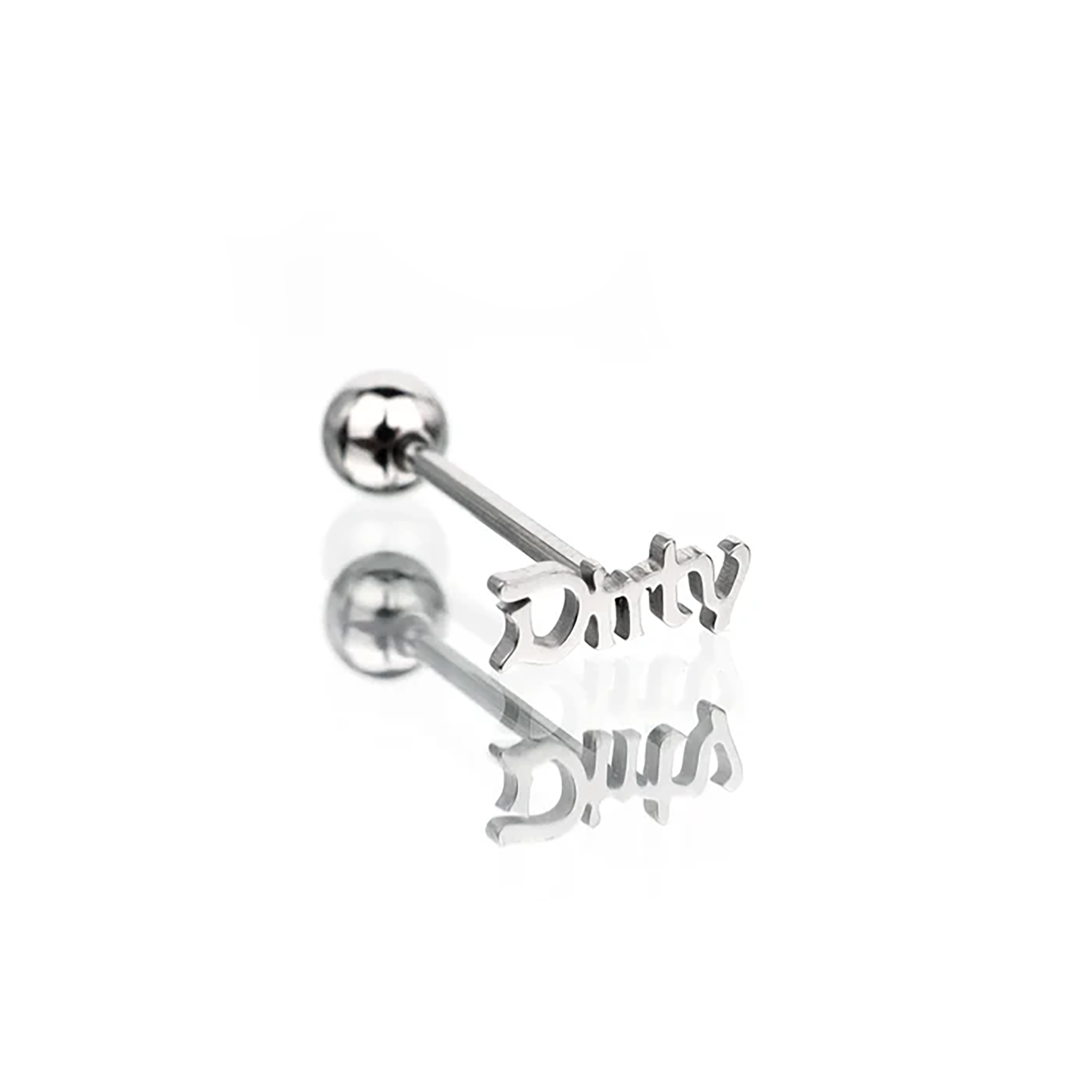 "DIRTY" Text Stainless Steel Tongue Stud - "DIRTY" Text Stainless Steel Tongue Stud - 1.2mm/16G / 12mm by CRUXJEWELRY