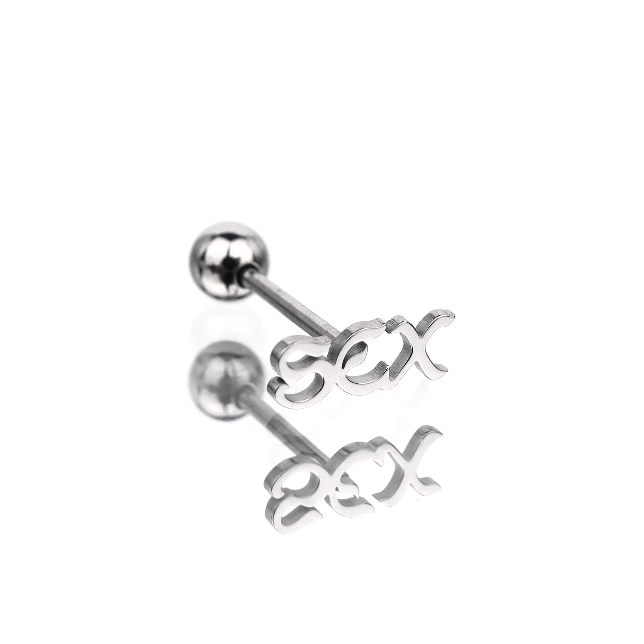 "SEX" Text Stainless Steel Tongue Stud - "SEX" Text Stainless Steel Tongue Stud - 1.2mm/16G / 12mm by CRUXJEWELRY