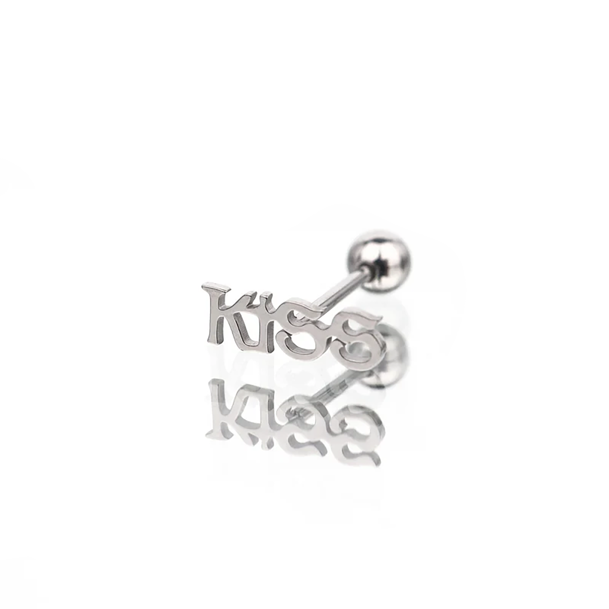"KISS" Text Stainless Steel Tongue Stud - "KISS" Text Stainless Steel Tongue Stud - 1.2mm/16G / 12mm by CRUXJEWELRY
