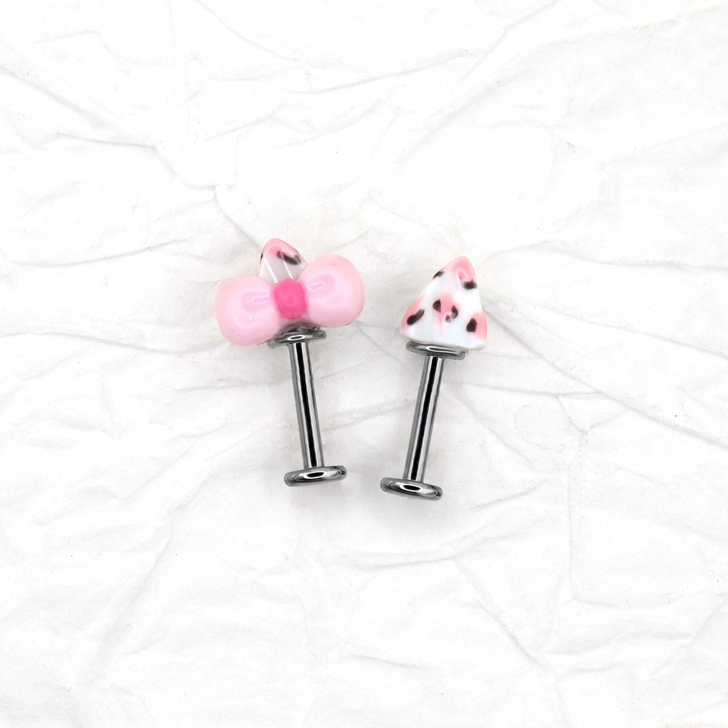 Kitty Bow Leopard Print Titanium Helix Earrings - Kitty Bow Leopard Print Titanium Helix Earrings - Pink Kitty / 6mm by CRUXJEWELRY