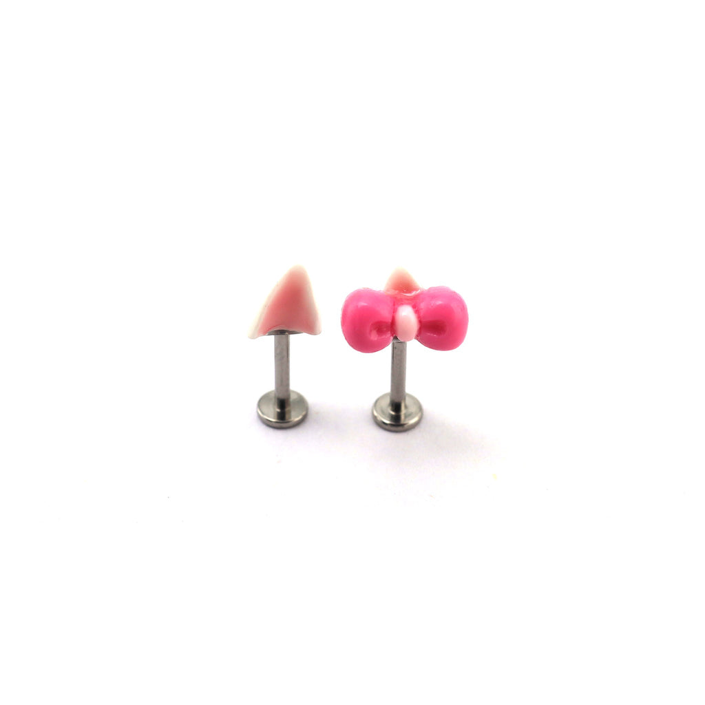 Paws & Purrs - Kawaii Titanium Alloy Pink Resin Hello Kitty Ear Stud - Paws & Purrs - Kawaii Titanium Alloy Pink Resin Hello Kitty Ear Stud - Set / 6mm by CRUXJEWELRY