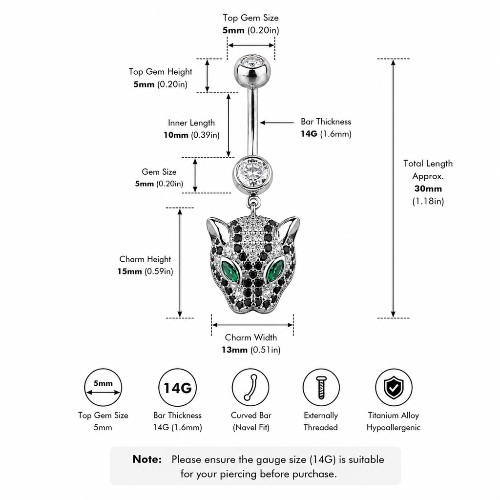 Bauchnabelpiercing mit Leopardenkopf-Motiv und Zirkonia aus 925er Sterlingsilber 