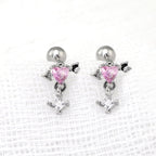 20G Arrow Through Pink Heart CZ Dangle Ear Studs - 20G Arrow Through Pink Heart CZ Dangle Ear Studs - Pink / Set by CRUXJEWELRY