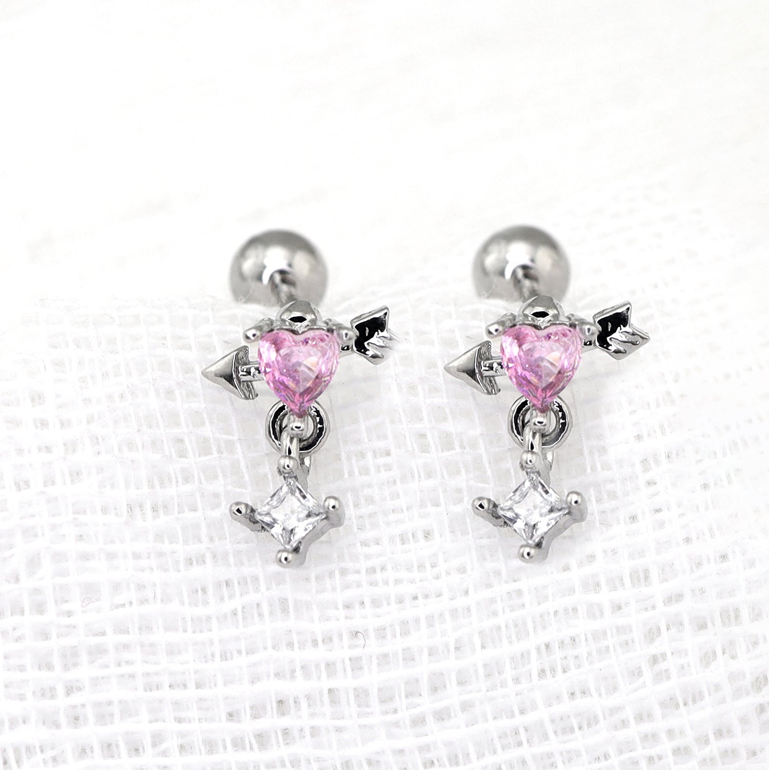 20G Arrow Through Pink Heart CZ Dangle Ear Studs - 20G Arrow Through Pink Heart CZ Dangle Ear Studs - Pink / Set by CRUXJEWELRY