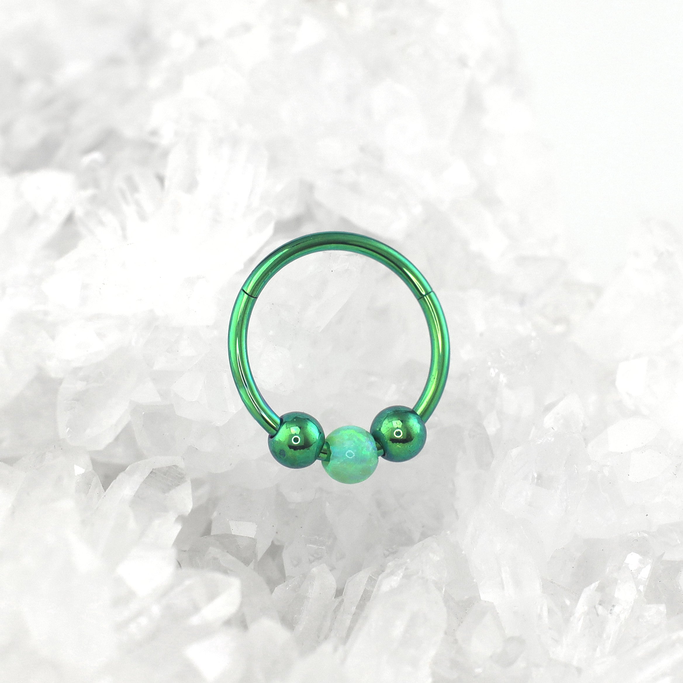 Spinning Ball Opal Titanium Segment Hoop - Spinning Ball Opal Titanium Segment Hoop - Elf Green by CRUXJEWELRY