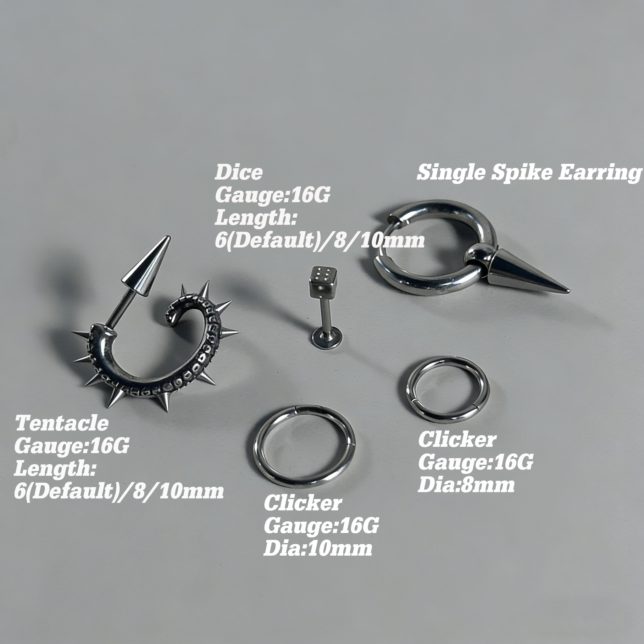 Cyberpunk Spiked Tentacle & Dice Ear Stack Silver Earring Set