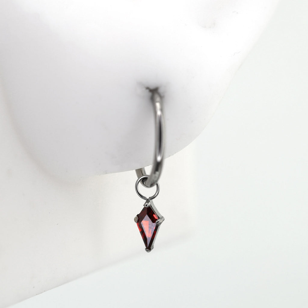 Red Rhombic CZ Pendant Titanium Segment Hoop - Red Rhombic CZ Pendant Titanium Segment Hoop - 6mm by CRUXJEWELRY