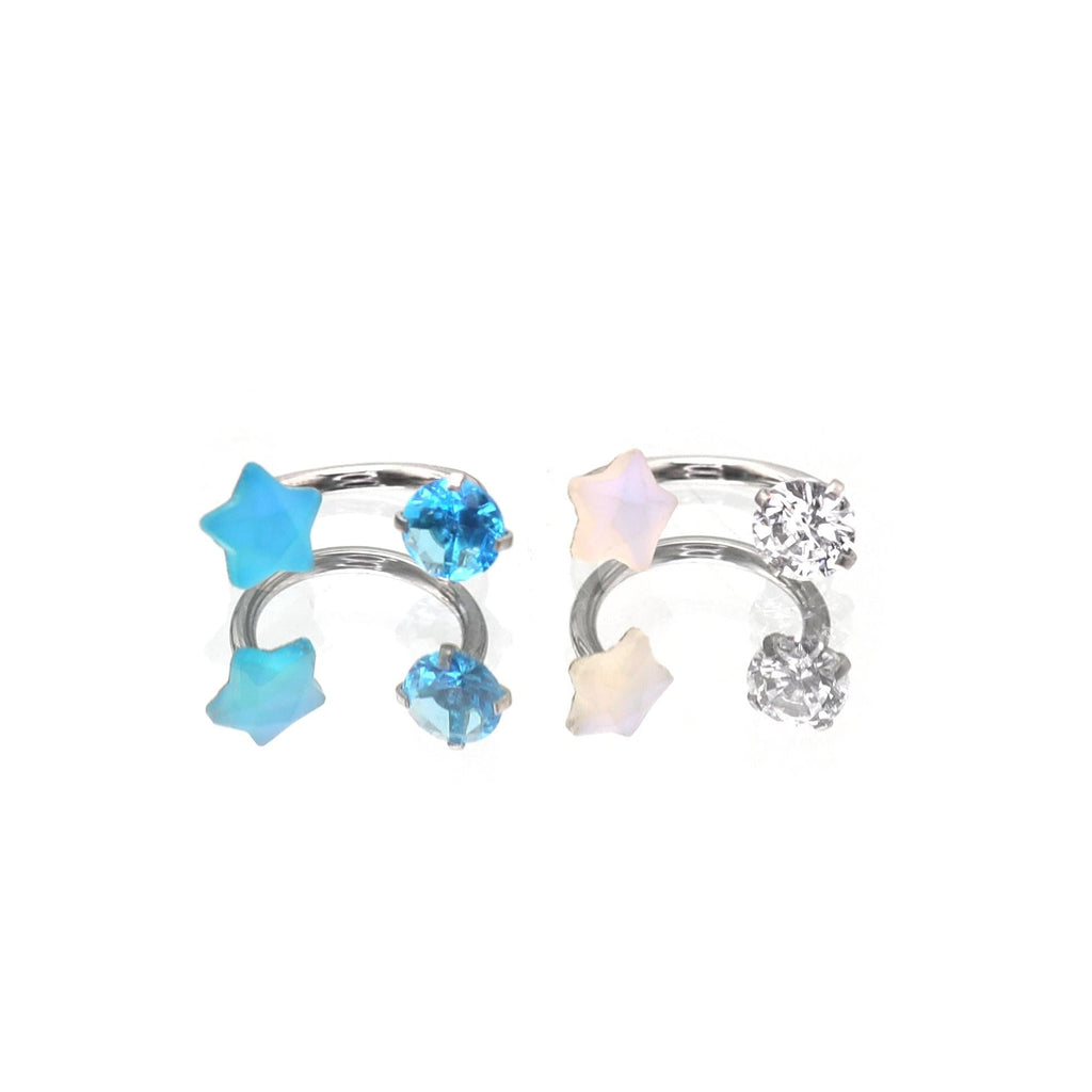 Pentagram CZ Stainless Steel internally threaded Horseshoe Ring - Blue