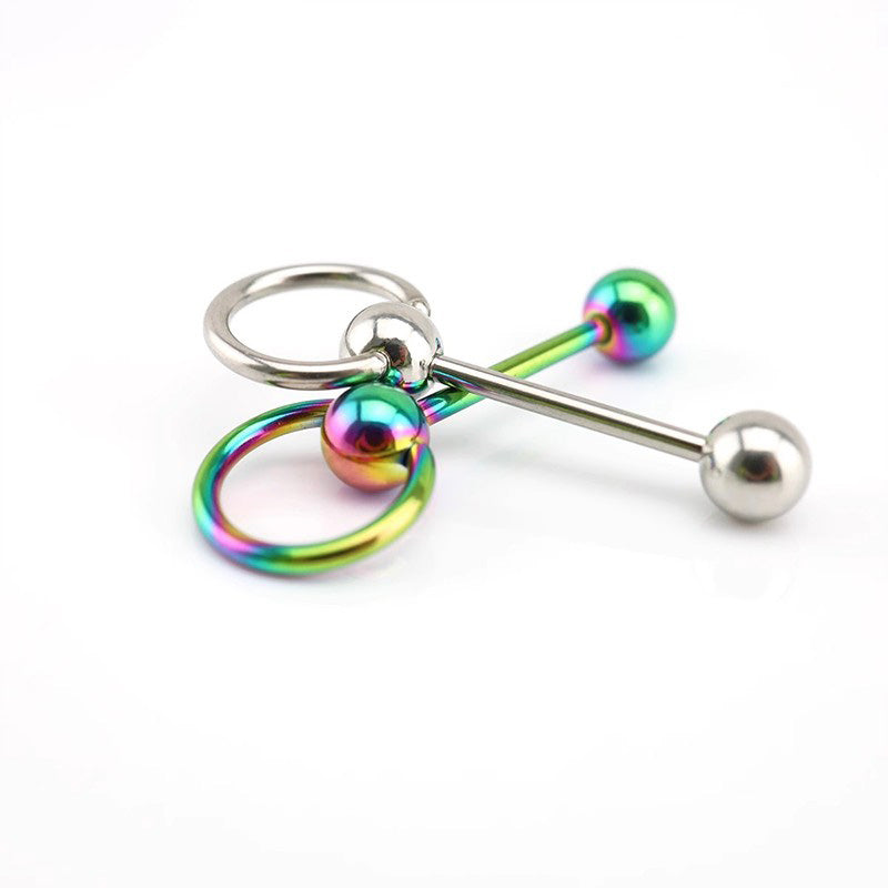 Spinning Ball stainless steel tongue stud - Spinning Ball stainless steel tongue stud - Rainbow / 12mm by CRUXJEWELRY