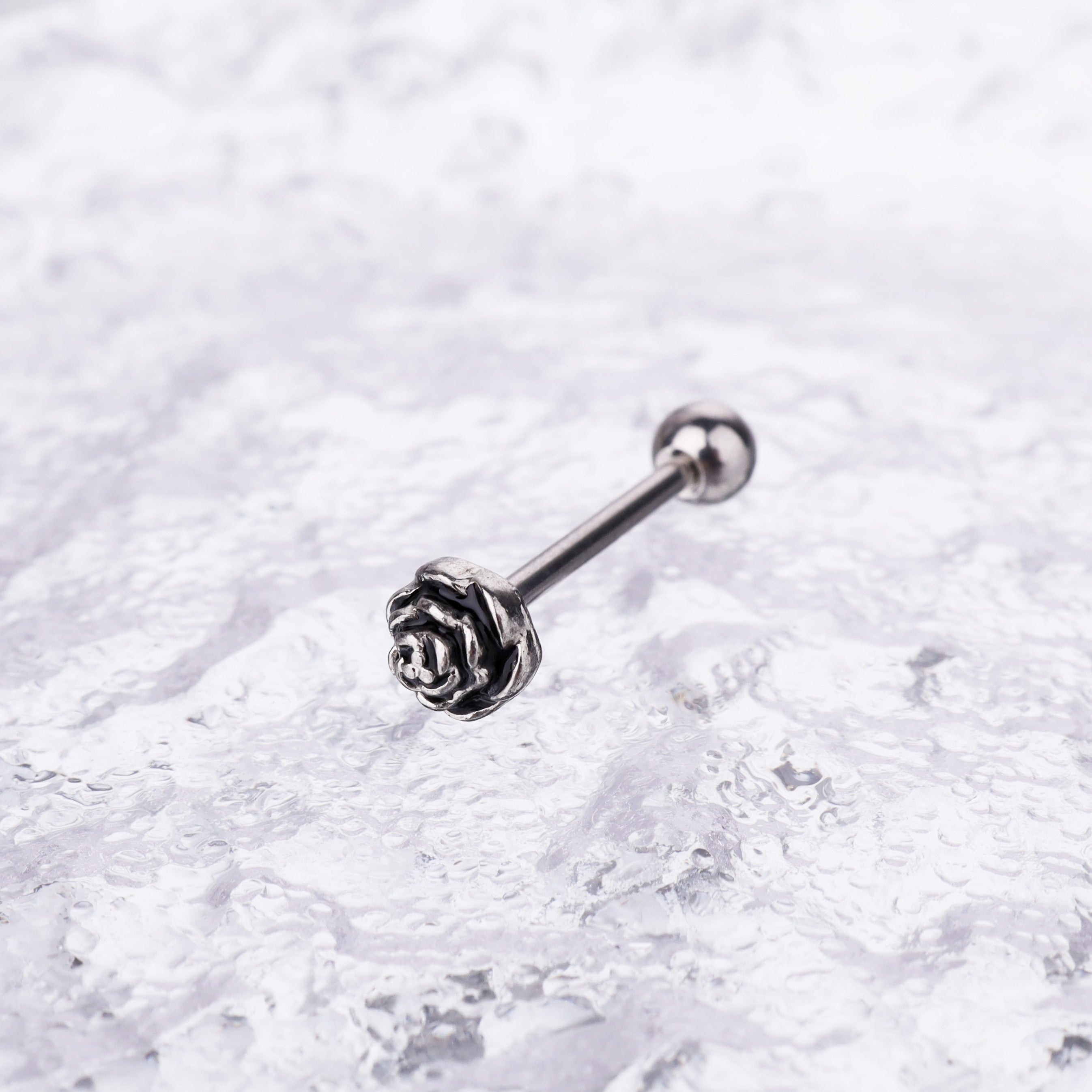 3D Rose Sterling Silver Tongue Stud - 3D Rose Sterling Silver Tongue Stud - 14 mm by CRUXJEWELRY