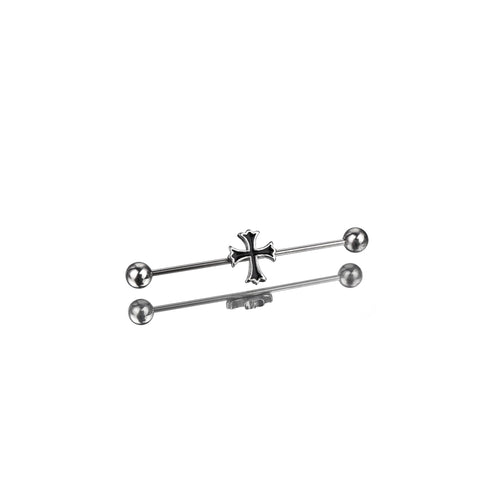 Black & White Cross Stainless Steel Industrial Barbell - Black & White Cross Stainless Steel Industrial Barbell - Sliver by CRUXJEWELRY