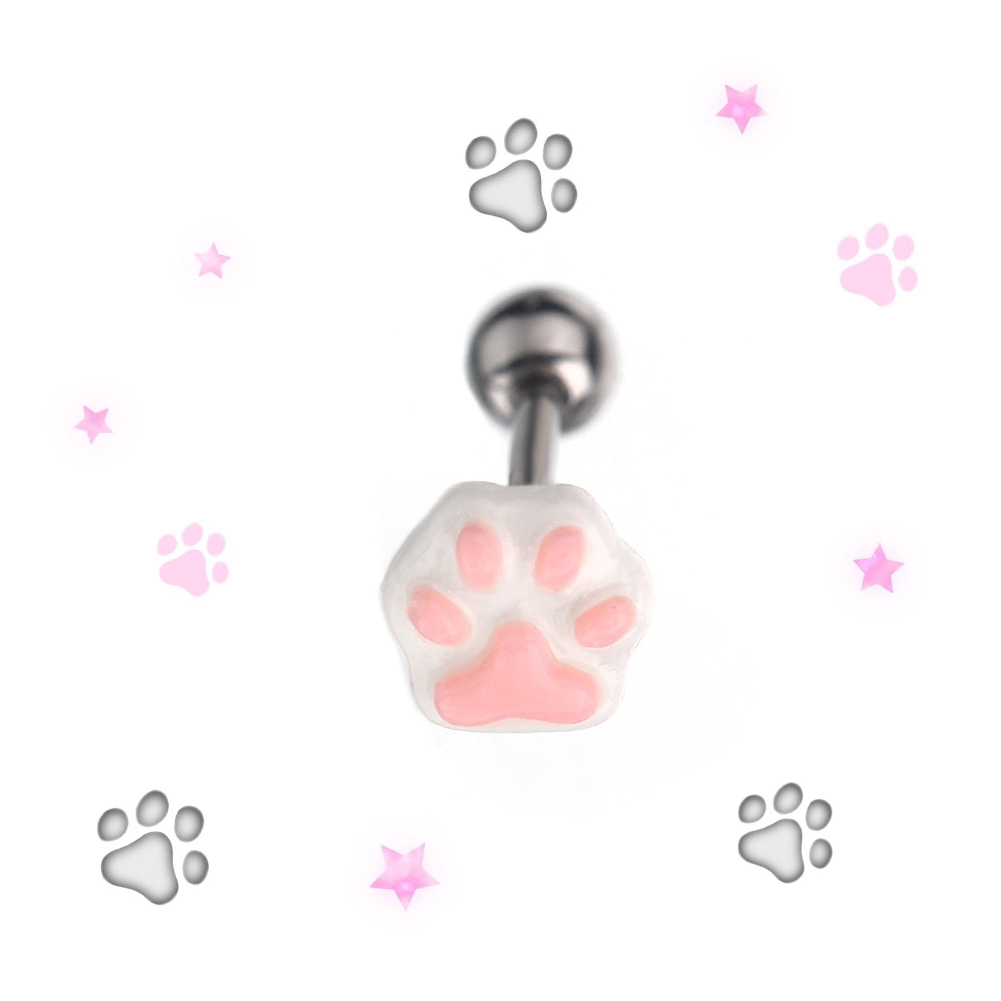 Resin Pink & Black Paw Print tongue stud - Resin Pink & Black Paw Print tongue stud - white-pink / 12 mm / 1.2mm/16G by CRUXJEWELRY