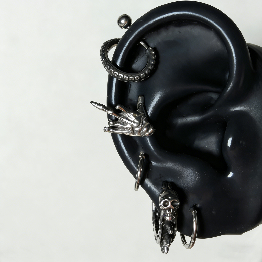 Heavy Metal Skeleton Ear Stack | Rock Hand, Tentacle & Spiked Skull Earrings Set