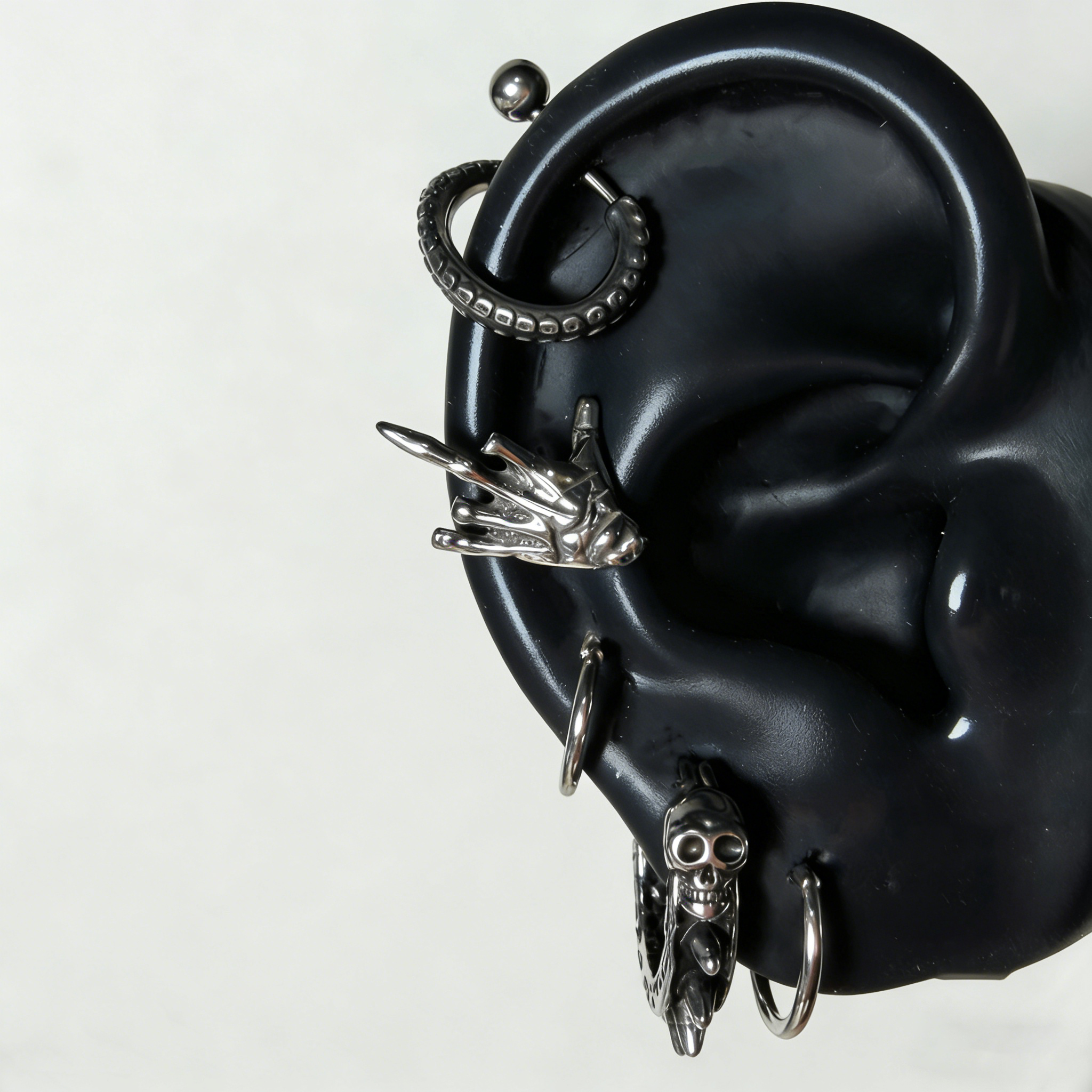 Heavy Metal Skeleton Ear Stack | Rock Hand, Tentacle & Spiked Skull Earrings Set