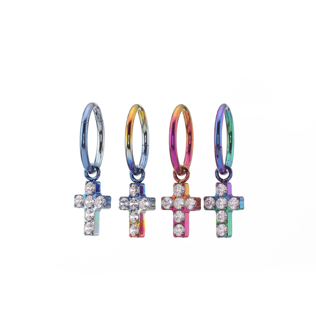 Cross Pendant CZ Titanium Ear Segment Hoop - Cross Pendant CZ Titanium Ear Segment Hoop - Blue-White Gradient / 6mm by CRUXJEWELRY