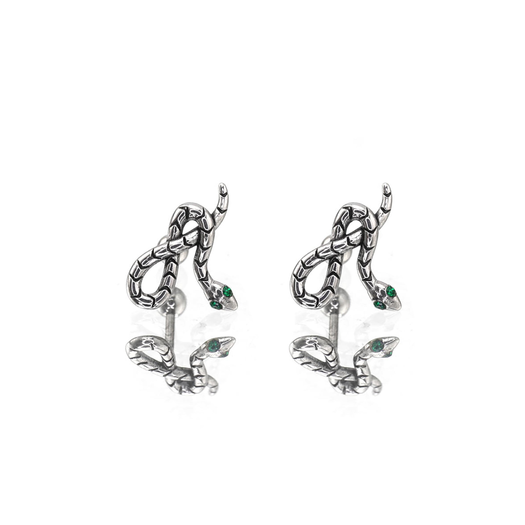 3D Green Eye Coiled Snake CZ Stainless Steel Ear Studs - 3D Green Eye Coiled Snake CZ Stainless Steel Ear Studs - Set by CRUXJEWELRY