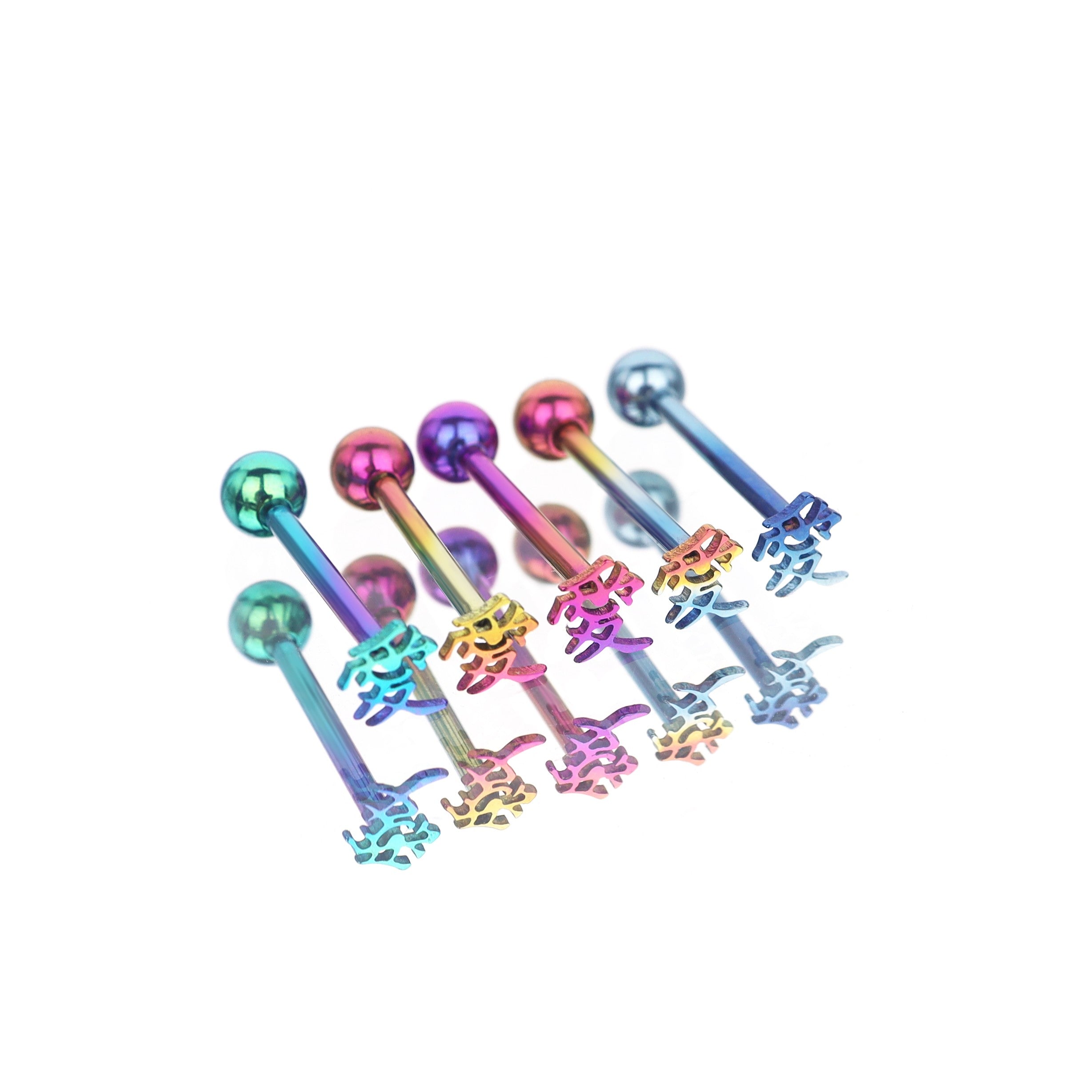 Rainbow Eastern Character-LOVE Titanium Tongue Stud - Rainbow Eastern Character-LOVE Titanium Tongue Stud - Rainbow / 12mm by CRUXJEWELRY