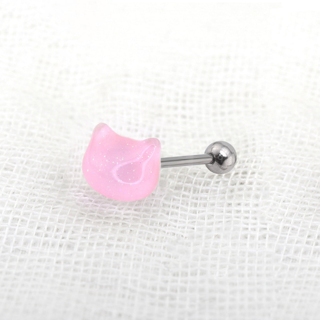 Resin Little Cat Face Tongue stud - Resin Little Cat Face Tongue stud - Pink / 12mm / 1.2mm/16G by CRUXJEWELRY