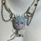 Pastel Goth Ice Blue Spiked Doll Face Choker with White Lace & Ribbon Pacifier