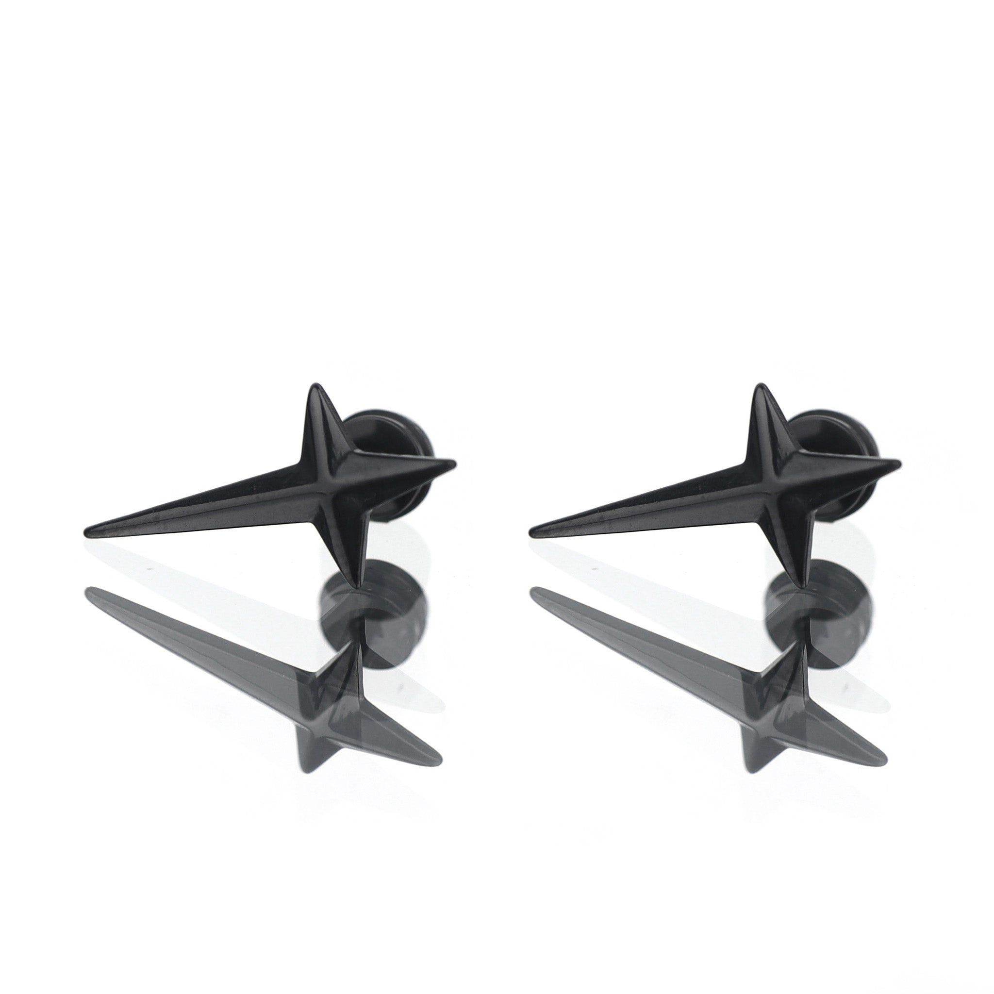 Large Black & White 3D Four-Point Star Externally Threaded Stainless Steel Ear Studs - Large Black & White 3D Four-Point Star Externally Threaded Stainless Steel Ear Studs - Pair of Black by CRUXJEWELRY